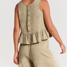 Women's Solid Set Sleeveless Ruffle Top and Loose Pant 2Piece Set Outfits 10Colors Summer Casual Sets With Ruffle Hem, Casual Summer Sets With Ruffle Hem, Casual Ruffle Hem Sets For Spring, Casual Spring Sets With Ruffle Hem, Casual Sleeveless Matching Set Bottoms, Casual Matching Set Bottoms, Summer Sets With Ruffles And Sleeveless Design, Sleeveless Ruffled Beach Set, Casual Ruffle Bottoms In Rayon