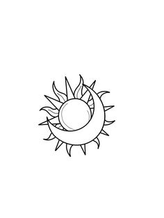 a black and white drawing of a sun with a half moon in the middle on a white background