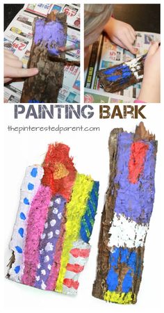 kids are painting bark with paint and paper