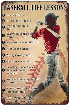 a baseball player holding a bat on top of a sign that says baseball life lessons