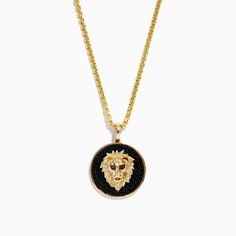 Effy Men's 14K Yellow Gold Black Diamond Lion Head Pendant Black 14k Gold Engraved Jewelry, Engraved 14k Black Gold Jewelry, Engraved Black 14k Gold Jewelry, Elegant Black Rope Chain Necklace, Black 14k Gold Jewelry With 17 Jewels, 14k Gold Black Jewelry With 17 Jewels, Luxury Black 14k Gold Jewelry With 17 Jewels, Black Round Gold-plated Jewelry, Round Black Gold-plated Jewelry