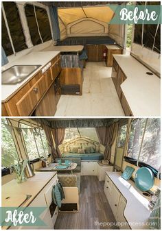 before and after photos of a camper's kitchen, dining area, and living room