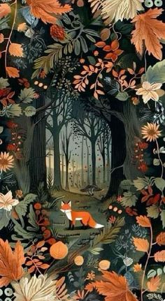 an illustration of a fox in the woods surrounded by leaves and flowers on a black background