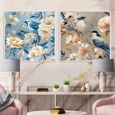 there are two paintings on the wall in this living room, one is blue and the other has white flowers