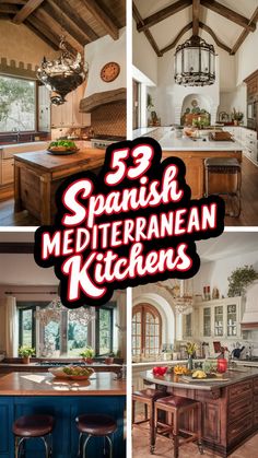 spanish mediterranean kitchen design with blue cabinets and wood accents, including island countertops and bar stools