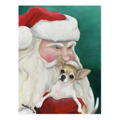 a painting of santa holding a chihuahua dog