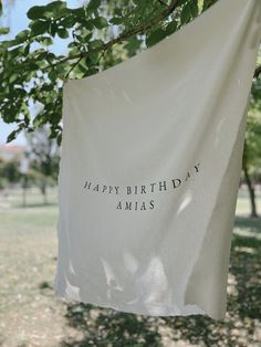 a happy birthday banner hanging from a tree in a park with the words, happy birthday amis on it