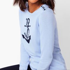 Talbots Supersoft Weave Anchor Motif Pullover Takes Nautical Up A Notch. Crew Neck Sweater Features Anchor Print On Front Center And Button Detailing On Shoulder. 60% Cotton 40% Rayon Black Cable Knit Sweater, Nautical Sweater, Pretty Sweaters, Nautical Looks, Yellow Raincoat, Buy Sweaters, Talbots Sweater, Classic Style Women, Short Sleeved Sweaters