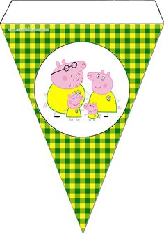 a green and yellow checkered flag with three peppos on it, one pig is