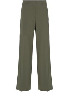 olive green twill weave concealed front button, hook and zip fastening belt loops two side inset pockets pressed crease dart detailing straight leg tailored design Olive Wide Leg Work Pants, Olive Wide Leg Pants For Work, Olive Straight Pants With Belt Loops, Green Straight Leg Formal Bottoms, Formal Green Straight Leg Bottoms, Elegant Green Bottoms With Welt Pockets, Green Wide-leg Pants For Formal Occasions, Straight Leg Pants With Concealed Fastening For Work, Chic Olive High-waisted Pants