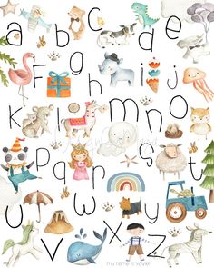 an illustrated alphabet with animals and letters