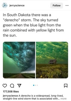 the sky is filled with green clouds and there are two pictures above it that show different colors