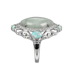 Jade of Yesteryear Sterling Silver Green Jade, Opal and CZ Ring Pastel jade and created opals, shimmering CZs and twirling filigree make this marquise ring a romantic addition to any fine-jewelry collection.       Approx. 1-3/16"L x 3/4"W x 3/8"H     Stamped .925; sterling silver; rhodium plating    Stone Information       All sizes and weights approximate     Green Jade: Marquise-shaped (20x10mm)     Created Green Opal: Oval (6x4mm), round (3mm)     Clear Cubic Zirconia: Round; 0.80ct Oval Opal Gemstone Ring For Jewelry Making, Oval Silver Opal Ring With Detailed Stones, Silver Opal Ring With Stones, Green Opal Wedding Jewelry, Green Oval Moonstone Wedding Ring, Oval Green Moonstone Wedding Ring, Opal Open Ring With Stone Setting For Anniversary, Jade Cabochon Jewelry For Wedding, Oval Opal Ring Gift