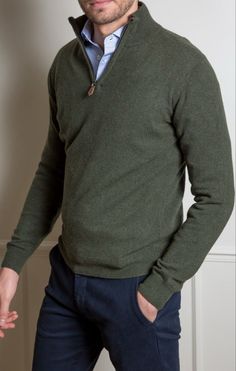 Dark Green Half Zip Jumper . Light Blue Pinstripe Shirt . Dark Blue / Navy Chinos #Autumn #Winter Chinos Men Outfit Winter, Mens Winter Work Outfits, Half Zip Jumper Outfit, Men’s Green Shirt Outfit, Dark Autumn Outfits Men, Navy Chinos Men Outfits, Blue Chinos Men Outfits, Zip Sweater Outfit