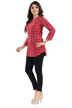 Indian Ethnic Rayon Kurti is a suitable amalgamation of style and grace that is required from ethnic wear. It is ideal for any formal or informal gathering. The Kurti is in a soft material known as "Rayon". Created from the finest quality fabrics,our short kurtis ensure a comfortable and breathble feel,allowing you to stay cool and relaxed throughtout the day.The attention to detail is impeccable, with delicate embellishments and stylish cuts that make each piece truly stand out. Top Fabric : Ra Transitional Red Kurta With Printed Motifs, Red Festive Blouse With Printed Motifs, Festive Red Blouse With Printed Motifs, Traditional Red V-neck Kurta, Red Straight Kurta Top For Festive Occasions, Casual Bandhani Print Festive Kurta, Casual Bandhani Print Kurta For Festive Occasions, Red Bandhani Print Blouse For Diwali, Red Long Sleeve Tops With Printed Motifs