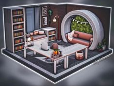 a drawing of a living room with bookshelves and couches