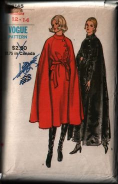 Cape Coat Pattern, 1960s Vogue, Elegant Cape, 1970s Sewing Patterns, Patron Vintage, Cape Pattern, Vogue Sewing, Vogue Pattern, Standing Collar