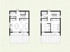 two small houses with floor plans on each side