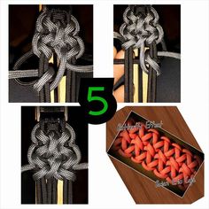 four different pictures showing how to tie a knot with ribbon and other things that are tied together