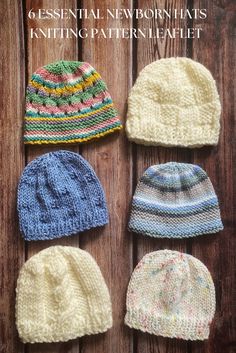 four knitted hats sitting on top of a wooden table with text overlay that says,