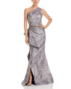 Teri Jon by Rickie Freeman Metallic Jacquard One Shoulder Gown Fitted Brocade Evening Dress For Gala, Fitted Brocade Evening Dress For Formal Occasions, Formal Brocade Gown With Fitted Bodice, Formal Fitted Brocade Evening Dress, Fitted Jacquard Gown For Party, Elegant Brocade Gown With Fitted Bodice, Floor-length Brocade Gown For Gala, Glamorous Brocade Formal Dress, Fitted Brocade Gown For Formal Occasions