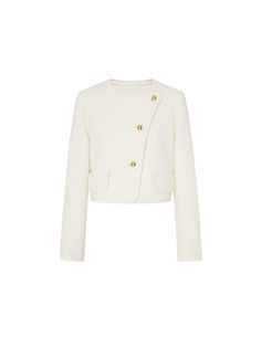 MO&Co. Women's Collarless Metal Button Cropped Jacket With its unique collarless design and slanted metallic button closure, this jacket exudes sophistication and elegance. Crafted using 100% cotton, this jacket features a woven layer texture that not only looks amazing but also guarantees maximum comfort. The faux pocket design and regular fit ensure that it flatters your figure and adds a touch of refinement to your ensemble. Pair it with skinny jeans and pumps for a chic look or wear it with Elegant Spring Cropped Jacket With Button Cuffs, Tailored Long-sleeve Outerwear With Gold Buttons, Tailored Long Sleeve Outerwear With Gold Buttons, Chic Long Sleeve Blazer With Gold Buttons, Chic Spring Blazer With Gold Buttons, Chic Outerwear With Covered Buttons, Spring Outerwear With Gold Buttons And Long Sleeves, Classic Spring Outerwear With Gold Buttons, Chic Outerwear With Gold Buttons