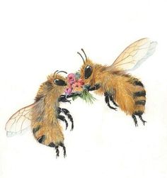 two bees with flowers in their mouths