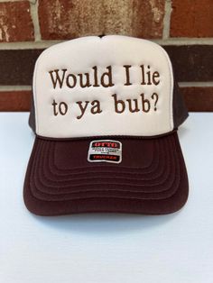 Trucker Hat Stay cool and show off unique style with this Would I lie to ya bub?  Embroidered Trucker Hat. This made-in-house hat is perfect for spring and summer days, especially for girls' nights out. The statement on the cap will surely turn heads and get conversations going. Be prepared to stand out. BULK ORDERS 6 PCS OR MORE! - PLEASE CONTACT US FOR A DISCOUNT CODE BEFORE ORDERING 6 PIECES= 30% OFF 12 PIECES = 40% OFF 24 PIECES = 50% OFF 48 PIECES = 55% OFF 96+ PIECES = 60% OFF All discount Novelty Flat Bill Hat With Letter Print, Funny Trucker Hat For Streetwear, Novelty Snapback Hat With Letter Print, Novelty Flat Bill Snapback Hat With Letter Print, Fun Embroidered Snapback Hats, Funny Trucker Hat With Curved Brim, Novelty Snapback Hat With Letter Print And Curved Brim, Funny Snapback Cap With Letter Print, Novelty Letter Print Baseball Cap