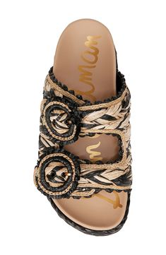 Logo-accented buckles and woven raffia lend visual intrigue to a boho-inspired slide sandal set on a contoured footbed for easy wear. 1 1/2" heel; 1" platform (size 8.5) Textile upper/synthetic lining and sole Imported Woven Raffia, Sandal Women, Easy Wear, Sam Edelman, Slide Sandals, Womens Sandals, Nordstrom, Sandals, Heels