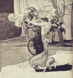 a drawing of a woman riding a bicycle with flowers in her hair and feathers on it