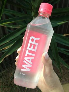 a hand holding a water bottle with the word water in white letters on it, against a background of green leaves