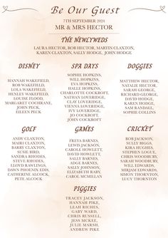 a menu for an event with the names of guests and their name in red ink