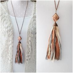 "This tassel necklace is made from Sari Silk ribbon. What I love about the Sari Silk ribbon that I used here is that it made from silk scraps that poor women in India gather from factory floors. They then sew them together to sell to support their families. There is a metal copper bead on the top of the tassel. This necklace comes on a 30 inch copper chain (if you would like a shorter or longer chain just make a note on your order. I will replace it for you). This necklace comes packaged in an o How To Make Sari Silk Tassels, Gold Tassel Necklace With Fringe For Gift, Long Metal Tassel Necklace With Chain, Sari Ribbon Jewelry, Adjustable Long Metal Tassel Necklace, Silk Tassel Necklace, Sari Ribbon, Copper Style, Ribbon Jewelry