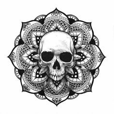 a black and white drawing of a skull in a flower design on a white background