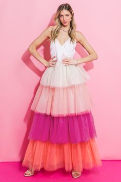 This SMALL TOWN GIRL WOVEN DRESS is the perfect blend of sophistication and playfulness. It features a surplice cami top and a layered tulle skirt that will add dimension and texture to any look. The back zipper closure gives you secure fit and easy on and off. Details Self : 100% Polyester Contrast 1, 2, 3, 4 : 100% Polyester Lining 1, 2, 3, 4, 5 : 100% Polyester Size & Fit - Model is 5`8" And Wearing Size Small - Measurements Taken From Size Small - Approx. Length: 61" Pink Tiered Skirt Dress With Layered Hem, Pink Tiered Tulle Skirt Dress, Pink Tulle Tiered Dress, Playful Multicolor Tulle Tutu Dress, Pink Tiered Tulle Mini Skirt, Layered Tulle Skirt, Small Town Girl, Vintage Inspired Design, Woven Dress