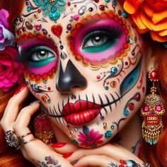 Sugar skull makeup is a colorful and artistic face painting style inspired by the Mexican holiday, Día de los Muertos (Day of the Dead). It involves using bright colors, white and black paint to create designs on the face that resemble ornate sugar skulls. People wear this makeup to celebrate and remember loved ones who have passed away, especially on November 2nd, the Day of the Dead. Easy, pretty, simple, tutorial, diy, ideas, half face, colorful, men, kids. Sugar Skull Makeup Tutorial, Makeup Stand, Skull Light, Green Lips, Pretty Halloween, Sugar Skull Design, Mexican Holiday, Black Eyeshadow, Sugar Skull Makeup