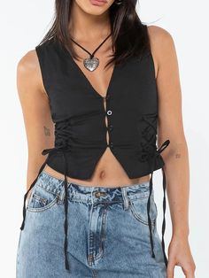 Color: Black, Size: S Casual Suit Vest, Slim Tank Top, Lace Up Tank Top, Streetwear Grunge, Solid Tank Tops, Sleeves Clothing, Weave Style, Vest Fashion, Casual Suit