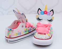 How adorable are these unicorn inspired converse! The perfect shoe to complete the look!Please leave your name needed in the notebox during checkoutVisit the tutu section or search bar for the matching outfit!If you are unsure of sizing please scroll to the last photos for our size charts, or visit our size charts here--> https://pinktoesnhairbows.com/pages/size-chartAll sales are FINAL, Ship dates can be found directly on the listing, please view our policies in detail here---> https://pinktoes Unicorn Sneakers, Unicorn Shoes, Overalls Boys, Tutu Dress Costumes, Bling Converse, Pink Toes, Girls Overalls, Girls Converse, Matching Outfit