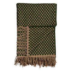 a green and black checkered blanket with fringes