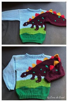 two sweaters with dinosaurs painted on them