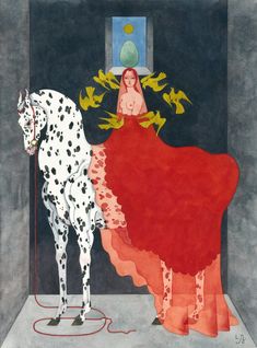 a woman in a red dress is standing next to a dalmatian horse, with birds flying around her