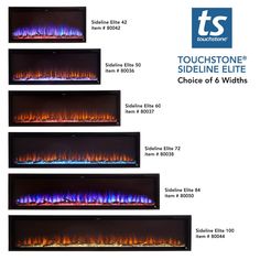 an advertisement for the touchtone sideline electric fireplace with three different colors and sizes