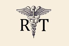 the letter r t with a cadus symbol on it's front and side