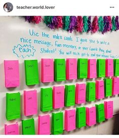 pink and green sticky notes pinned to a white board with writing on it that says use one index mark