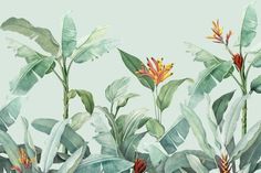 an artistic painting of tropical plants and flowers