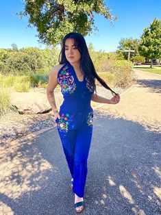 Jumpsuit Halter Embroidered Jumpsuit Mexican Floral Jumpsuit - Etsy Mexican Clothing, Beige Jumpsuit, Mexican Sandals, Classy Jumpsuit, Embroidered Jumpsuit, Mexican Outfit, Jumpsuit Blue, Womens Jumpsuits, Blue Jumpsuit