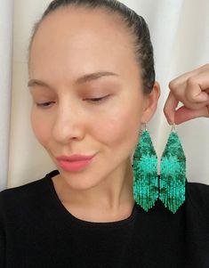 Green Seed Bead Earrings Fringe Beaded Earrings Green Earrings | Etsy Green Beaded Dangling Earrings For Party, Green Beaded Chain Earrings, Green Beaded Earrings With Dangling Beads For Wedding, Handmade Green Beaded Earrings For Party, Green Beaded Earrings As Gift, Green Round Beads Earrings For Wedding, Green Round Beaded Earrings For Wedding, Green Beaded Chain Earrings Gift, Green Beaded Chain Earrings With Round Beads