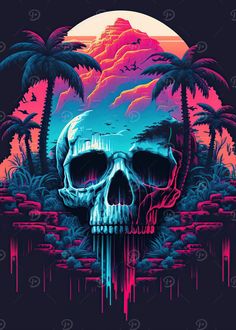 a skull in the middle of a tropical landscape with palm trees