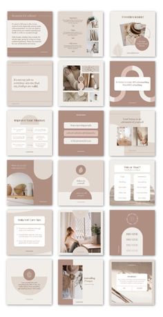 a bunch of different types of brochures on a white and brown background with text