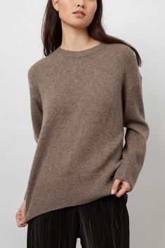 DETAILS | Lightweight, cashmere-silk blend, long sleeve, hazelnut brown crew neck sweater featuring relaxed fit, dropped shoulder, and ribbed trim at neckline, hem, and cuffs. Incredibly luxe and super soft, this sweater is an elevated knit that is bound to become your new favorite. 75% Cashmere | 25% Silk. Imported. CARE | Dry Clean. FIT | Recommend ordering true to size. Front Body Length: 24 3/4" (Measured from Small) Model is wearing size S.Model’s Measurements: Height 5’10“, Bust 32", Waist Green Sweater, Juno, Hazelnut, Drop Shoulder, Crew Neck Sweater, Neck Sweater, Cashmere, Sweaters For Women, Dry Clean